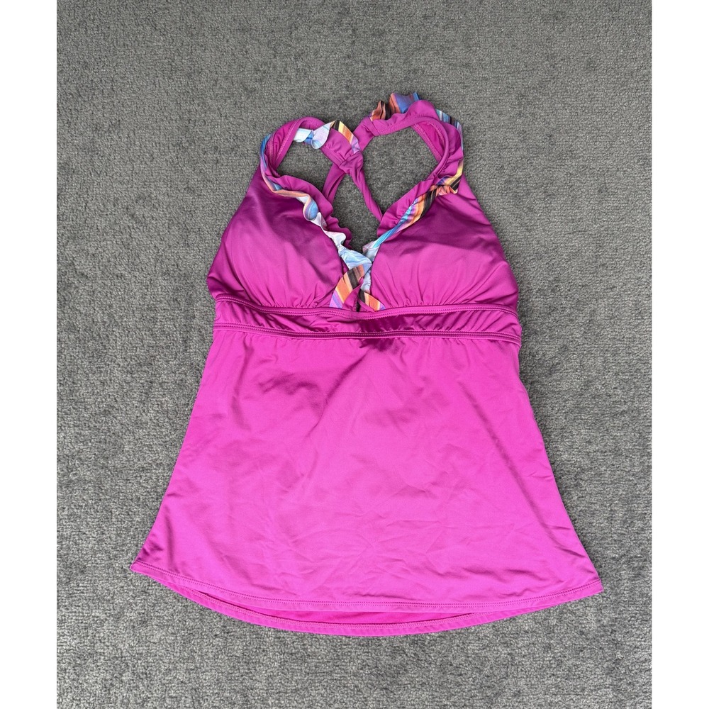 Tropical Escape Magenta Ruffle Tankini Top XL Pink Striped Trim Cross Back Tie